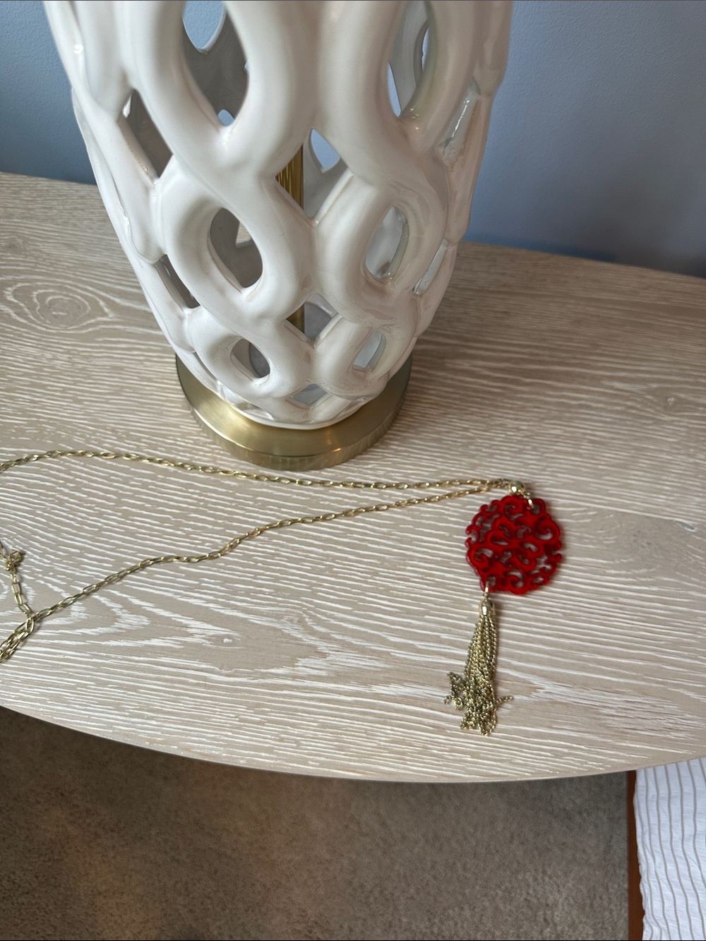 Gold Chain Necklace with Red Filigree Pendant and Tassel